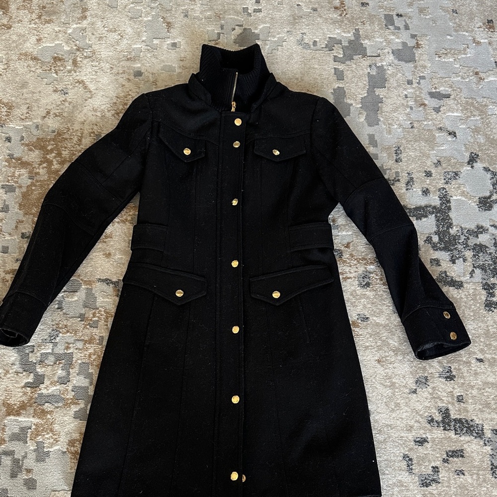 Guess Black Trench Coat with Gold Buttons and gold zipper.